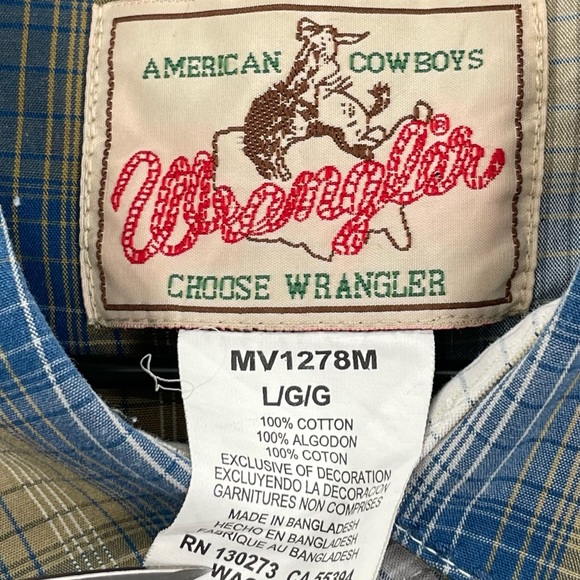 Wrangler Western Shirt Long Sleeve Button Up Pearl Snaps Blue Tan Plaid | Large - Picture 12 of 14
